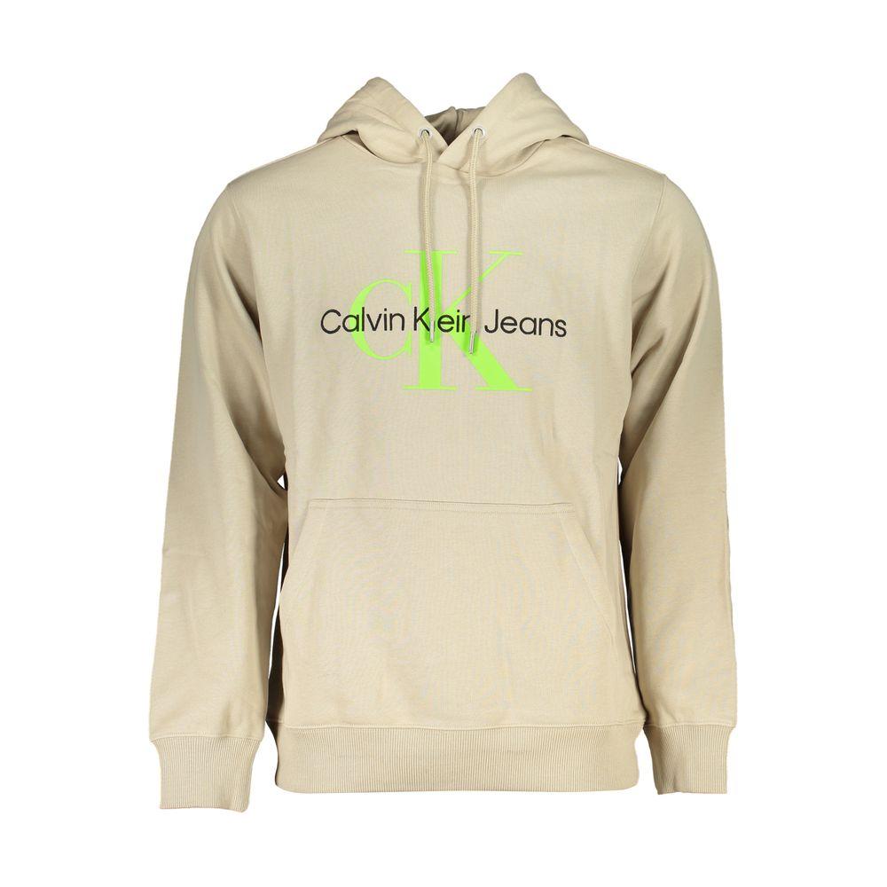 Calvin Klein beige hooded cotton sweatshirt with logo, long sleeves, central pocket, and contrast details.