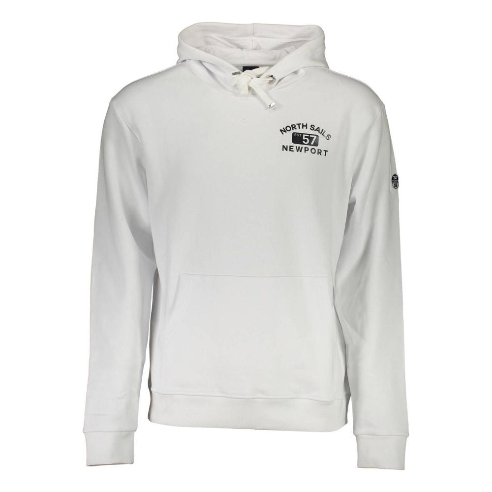 North Sails white cotton men's sweater with logo, featuring long sleeves, a central pocket, and a comfortable hoodie design.