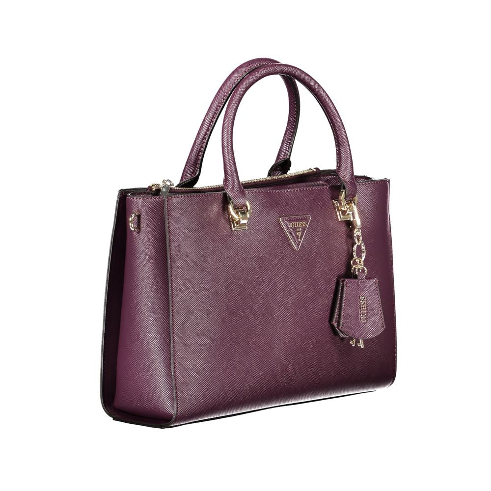 Purple Guess Jeans Brynlee handbag with two handles, adjustable strap, external pocket, and logo, featuring zip closure.
