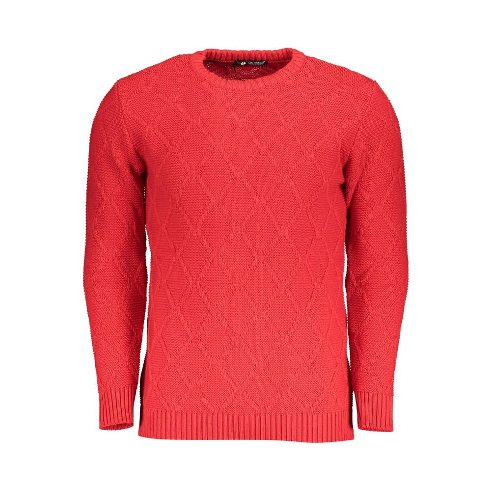Red fabric crew neck sweater with diamond pattern from U.S. Grand Polo. Long sleeves and logo detail.
