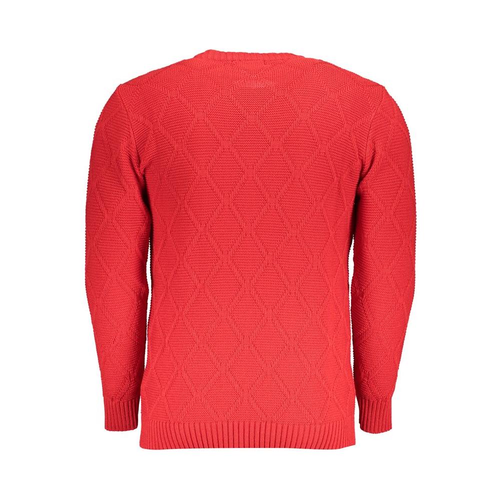 Red long-sleeved sweater with diamond pattern by U.S. Grand Polo, crew neck, logo detail, back view.