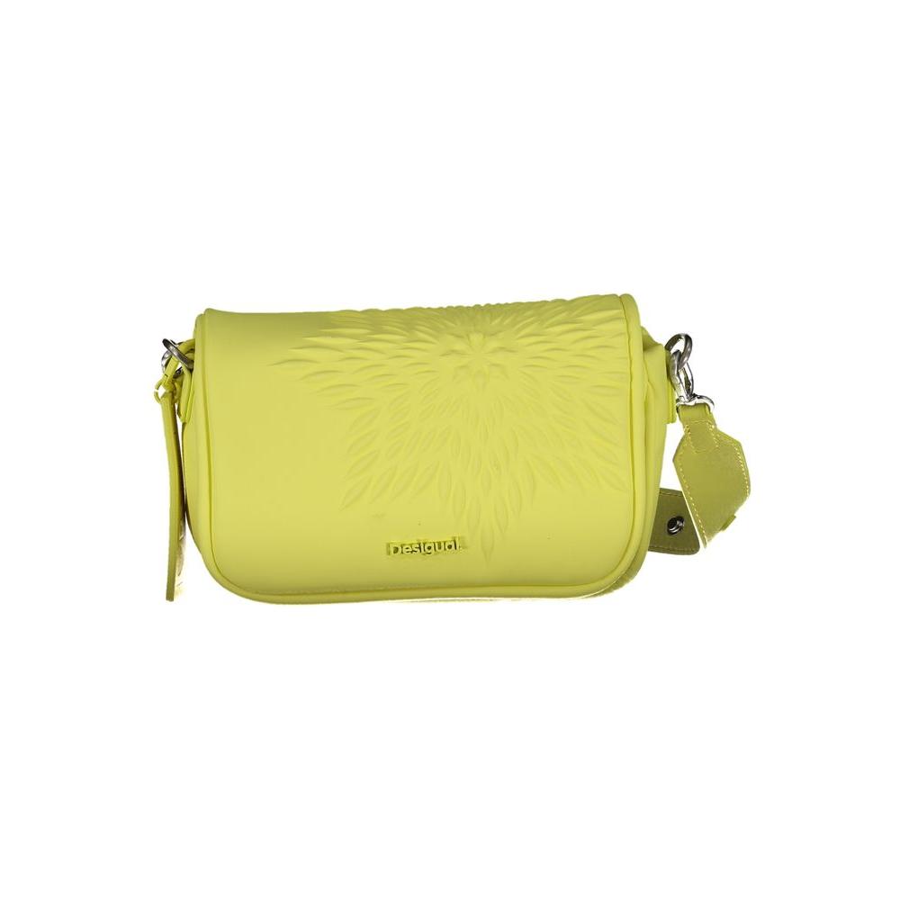 Desigual yellow polyethylene handbag with adjustable strap, internal pocket, contrasting details, and logo, featuring zip closure.