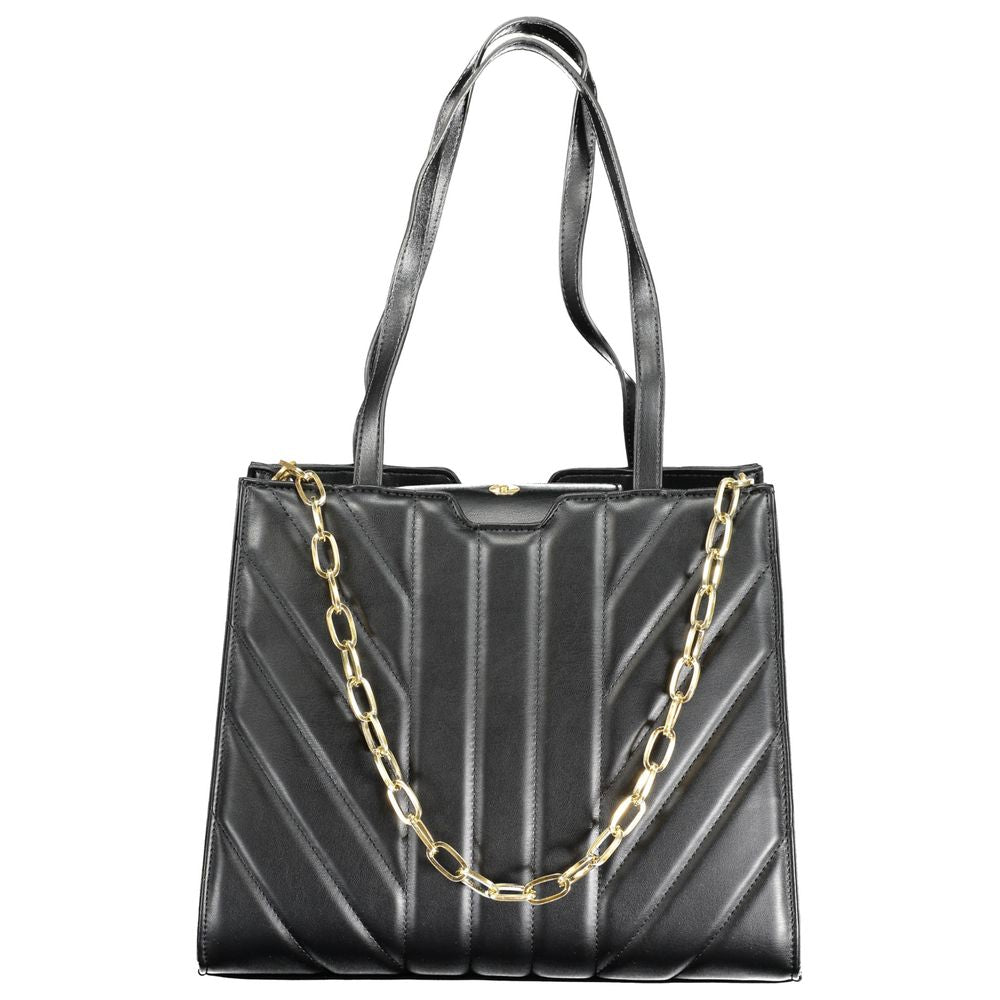 Valentino black handbag with double shoulder straps, removable chain, two compartments, central and internal pockets, zip closure.