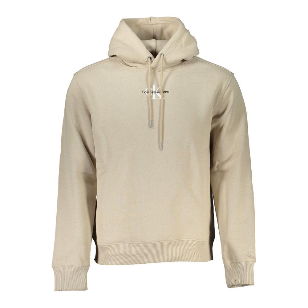Calvin Klein beige fleece hooded sweatshirt with embroidered logo, made of eco-friendly materials, perfect for sustainable casual wear.