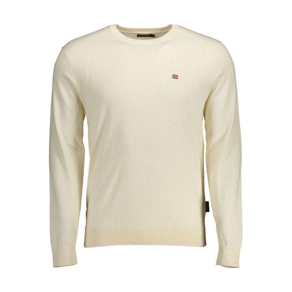 Napapijri beige cotton men's sweater with long sleeves, crew neck, and embroidered logo for stylish and comfortable fashion.