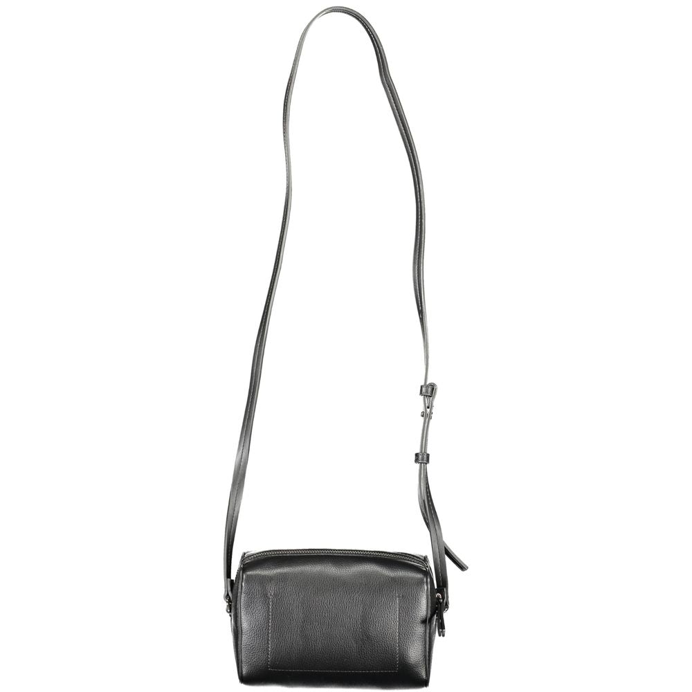 Calvin Klein black polyester handbag with adjustable shoulder strap, external pocket, internal card pocket, and zip closure.
