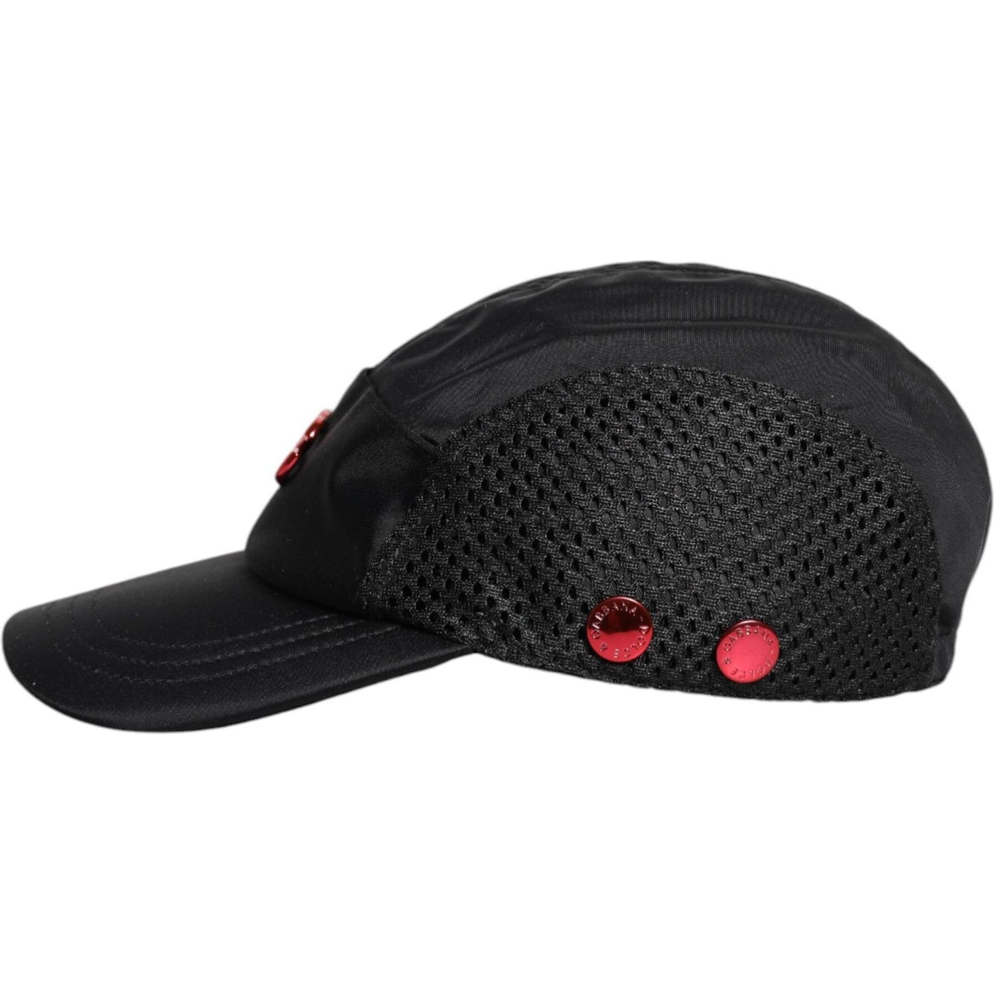 Dolce & Gabbana black nylon baseball cap with logo details, featuring mesh panels and red accents, made in Italy.