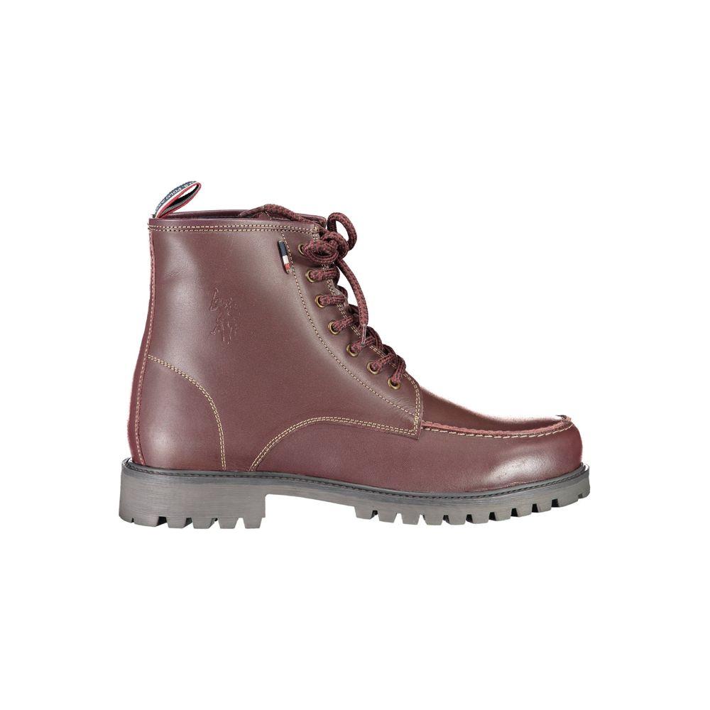 U.S. POLO ASSN. red leather men's boot with equestrian-inspired design, featuring durable sole and embossed logo, perfect for style-conscious men.