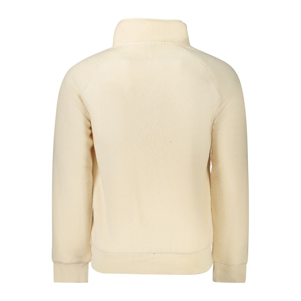 Back view of a white polyester men's sports jacket with long sleeves and high collar.