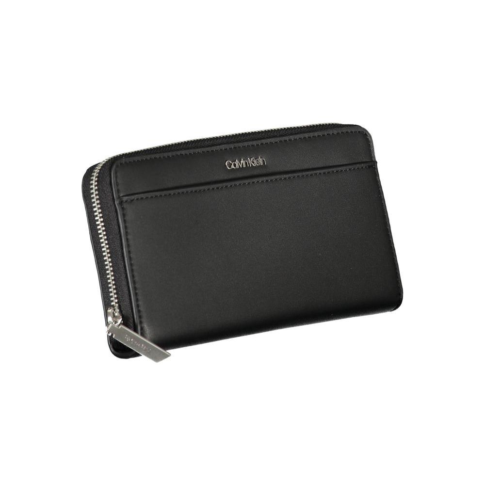 Calvin Klein black RFID secure wallet with zip closure, sustainable design, and multiple compartments for organization.