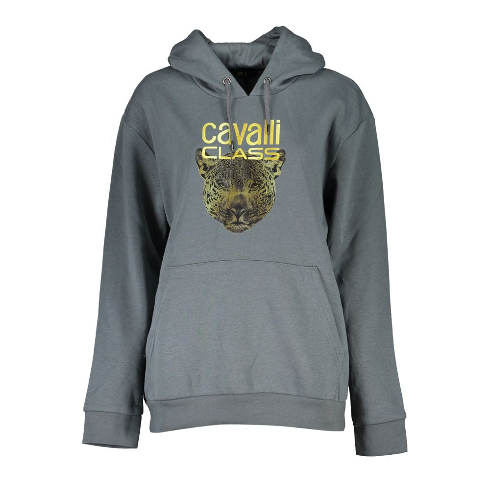 Cavalli Class gray fleece hooded sweatshirt with a prominent logo and leopard print for stylish comfort.