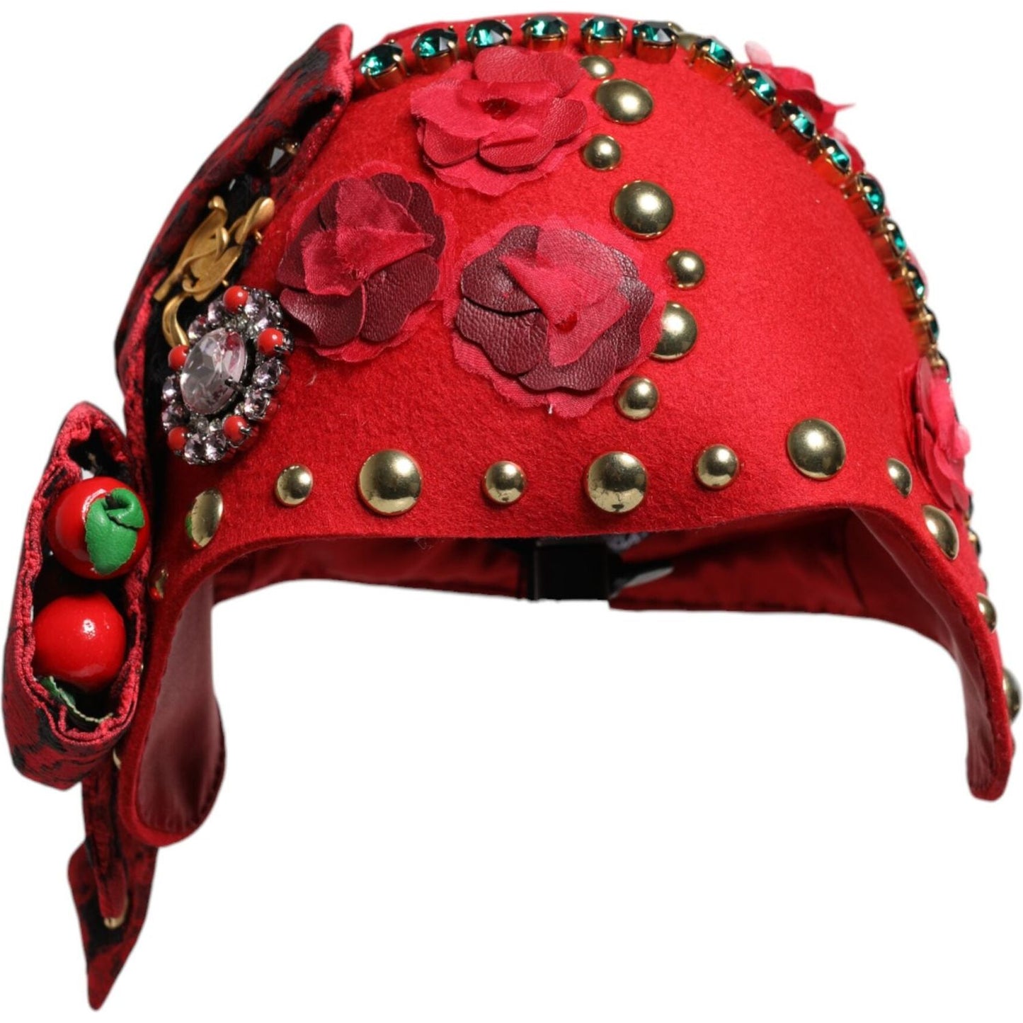 Dolce & Gabbana red cloche hat embellished with crystal gold roses and multicolor details, 100% silk lining, made in Italy.