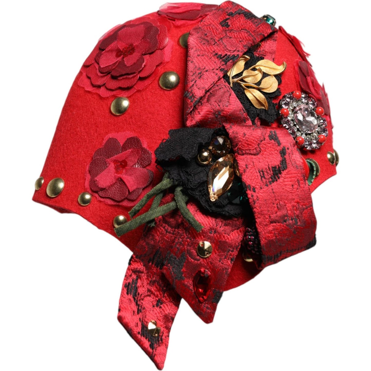 Dolce & Gabbana red cloche hat with crystal, gold roses, floral embellishments, and silk lining, made in Italy.