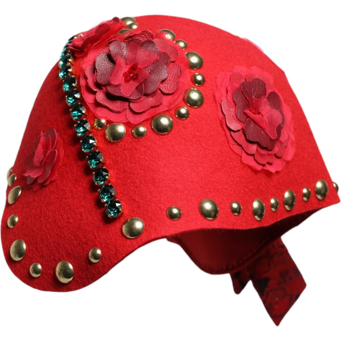 Dolce & Gabbana red wool cloche hat with gold roses, crystal embellishments, and logo details, made in Italy.