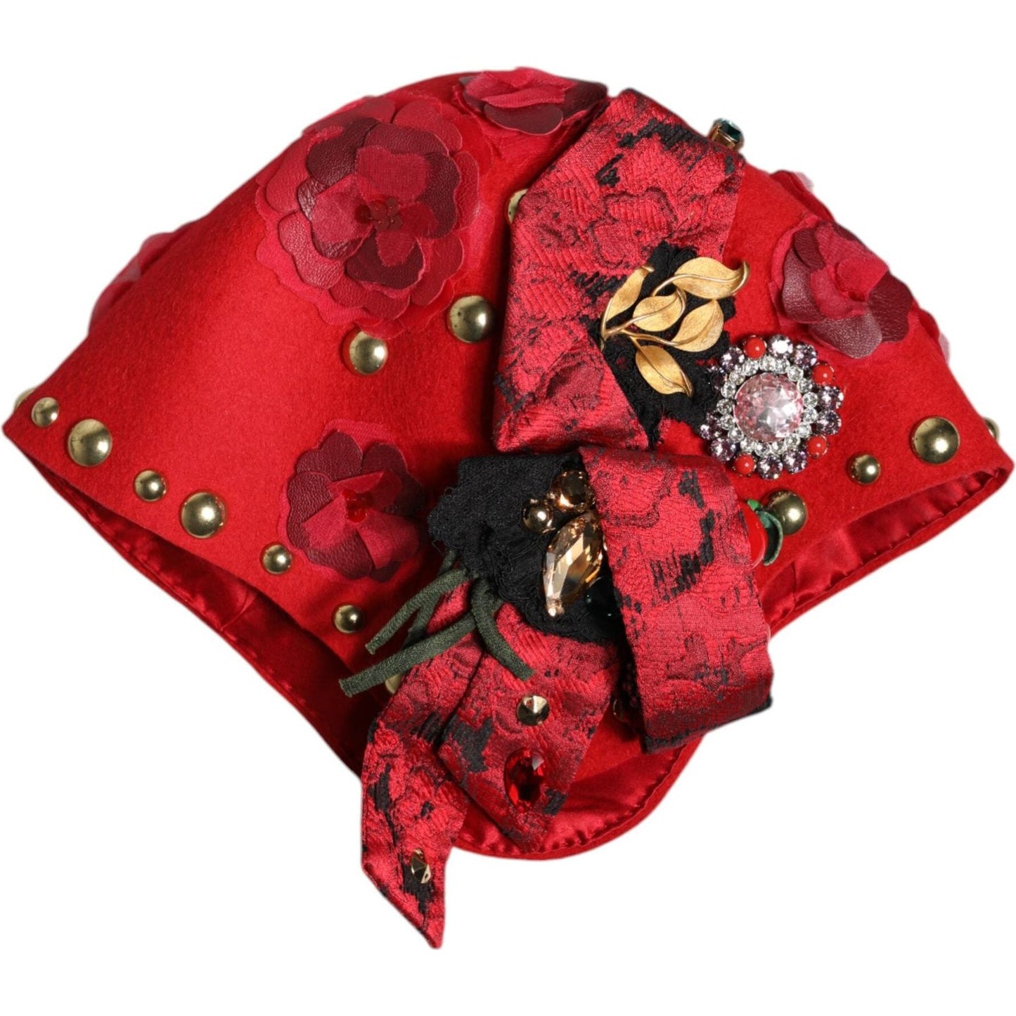 Dolce & Gabbana red cloche hat with crystal and gold rose embellishments, made in Italy with luxury materials including wool and silk.