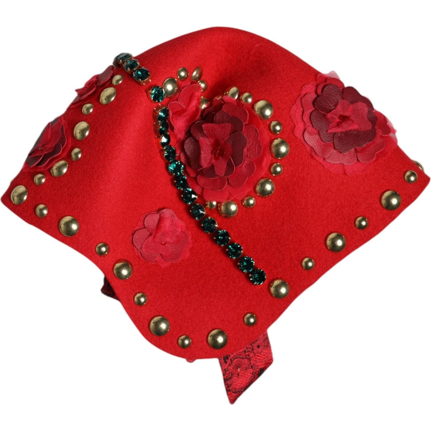Dolce & Gabbana red cloche hat adorned with crystal gold roses and embellishments, made in Italy with luxury materials.