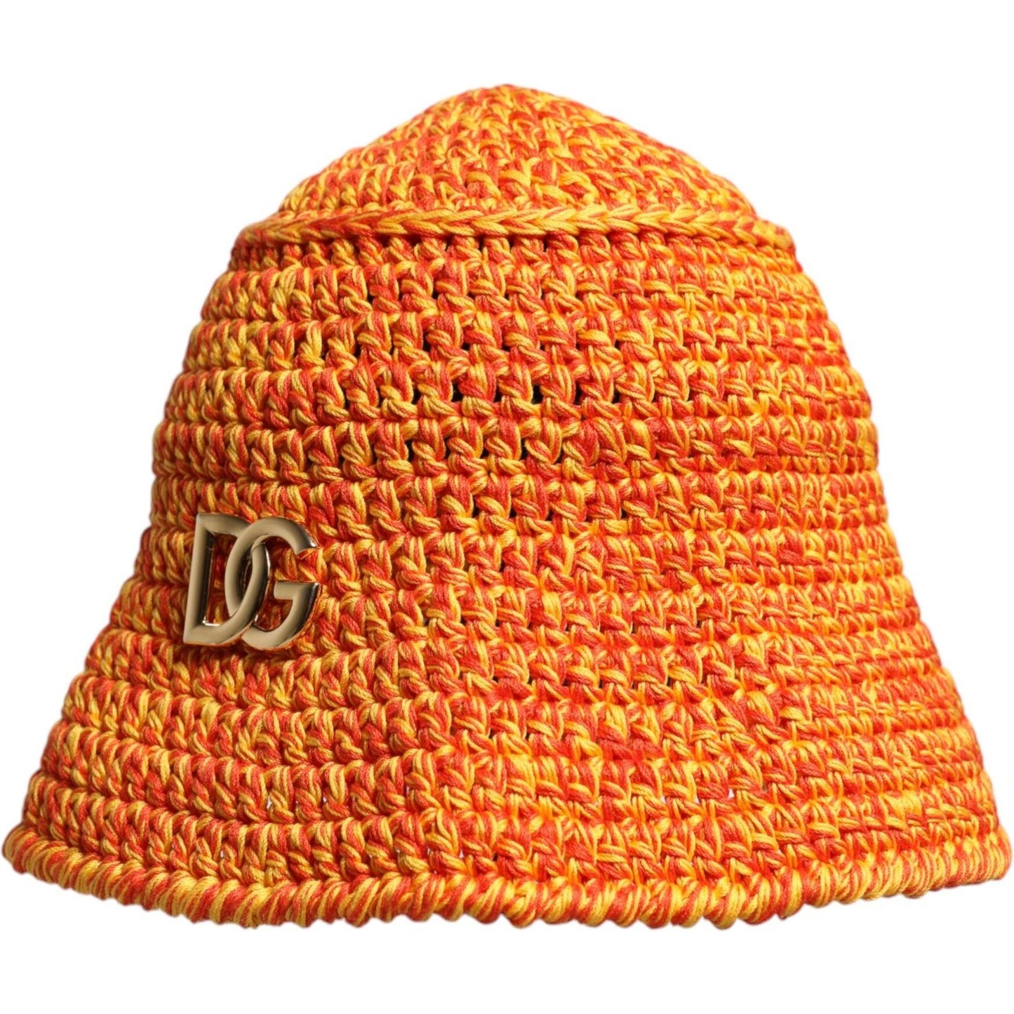 Dolce & Gabbana orange cotton crochet bucket hat with DG logo, women's fashion accessory.