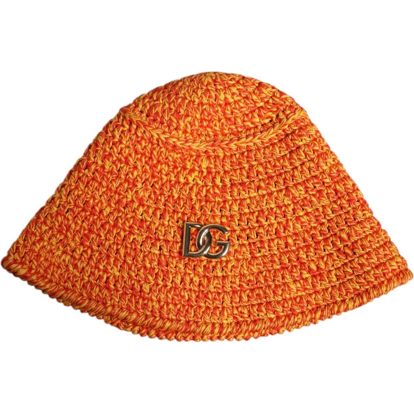 Dolce & Gabbana orange crochet bucket hat with DG logo, 100% cotton, Italian-made.