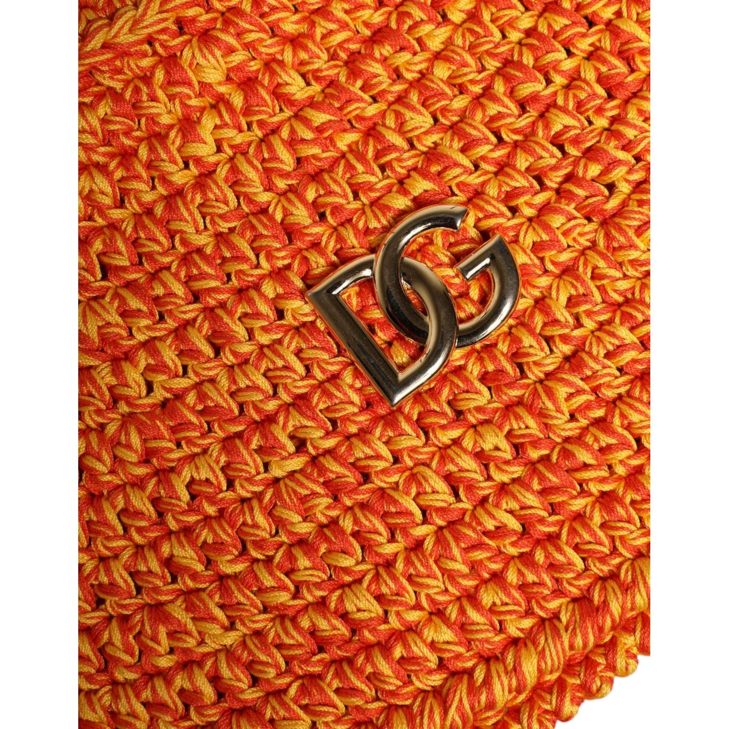 Dolce & Gabbana orange crochet bucket hat with DG logo, 100% cotton, Italian-made fashion accessory.