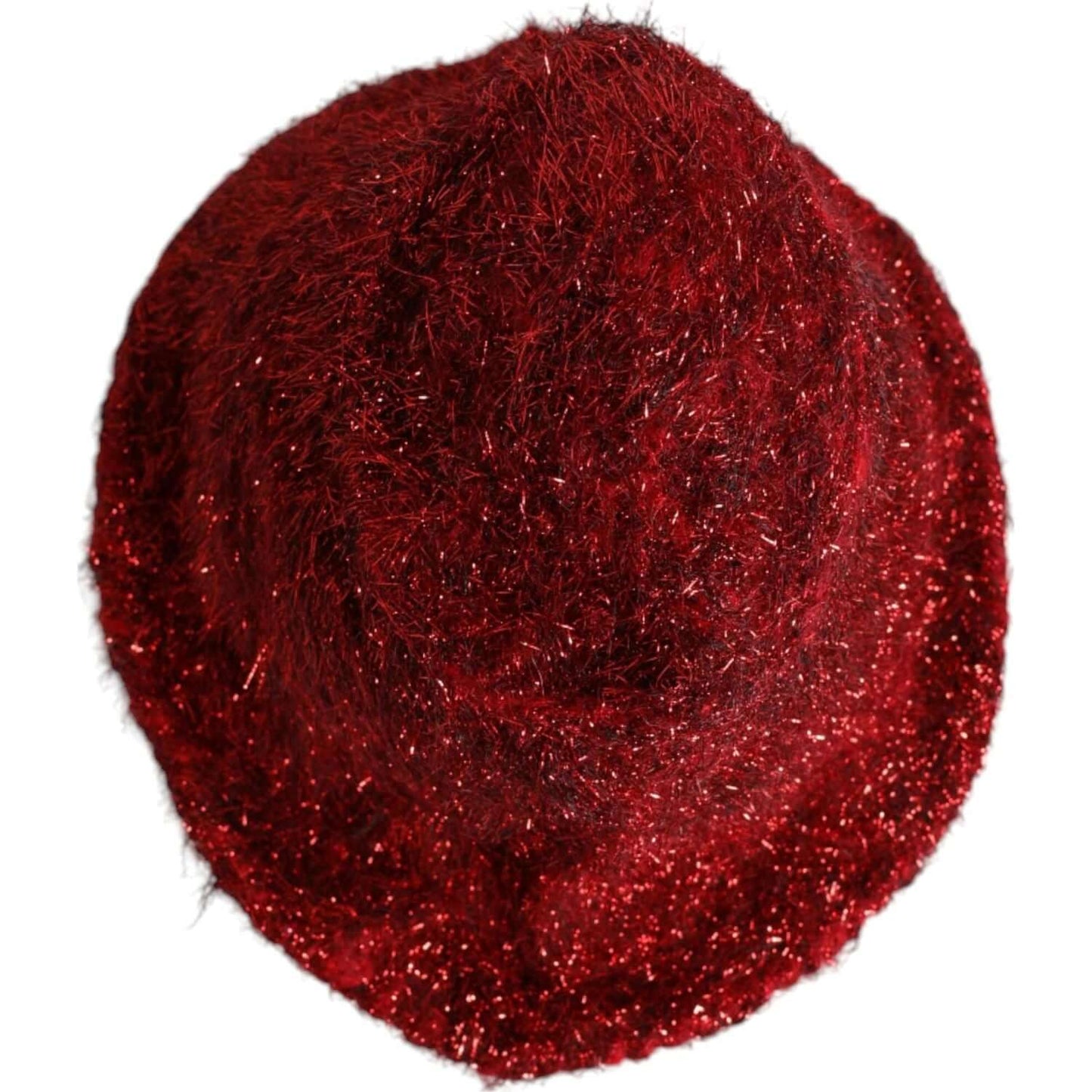 Dolce & Gabbana red viscose tinsel wide brim bucket hat, made in Italy, featuring sparkly texture and logo details.