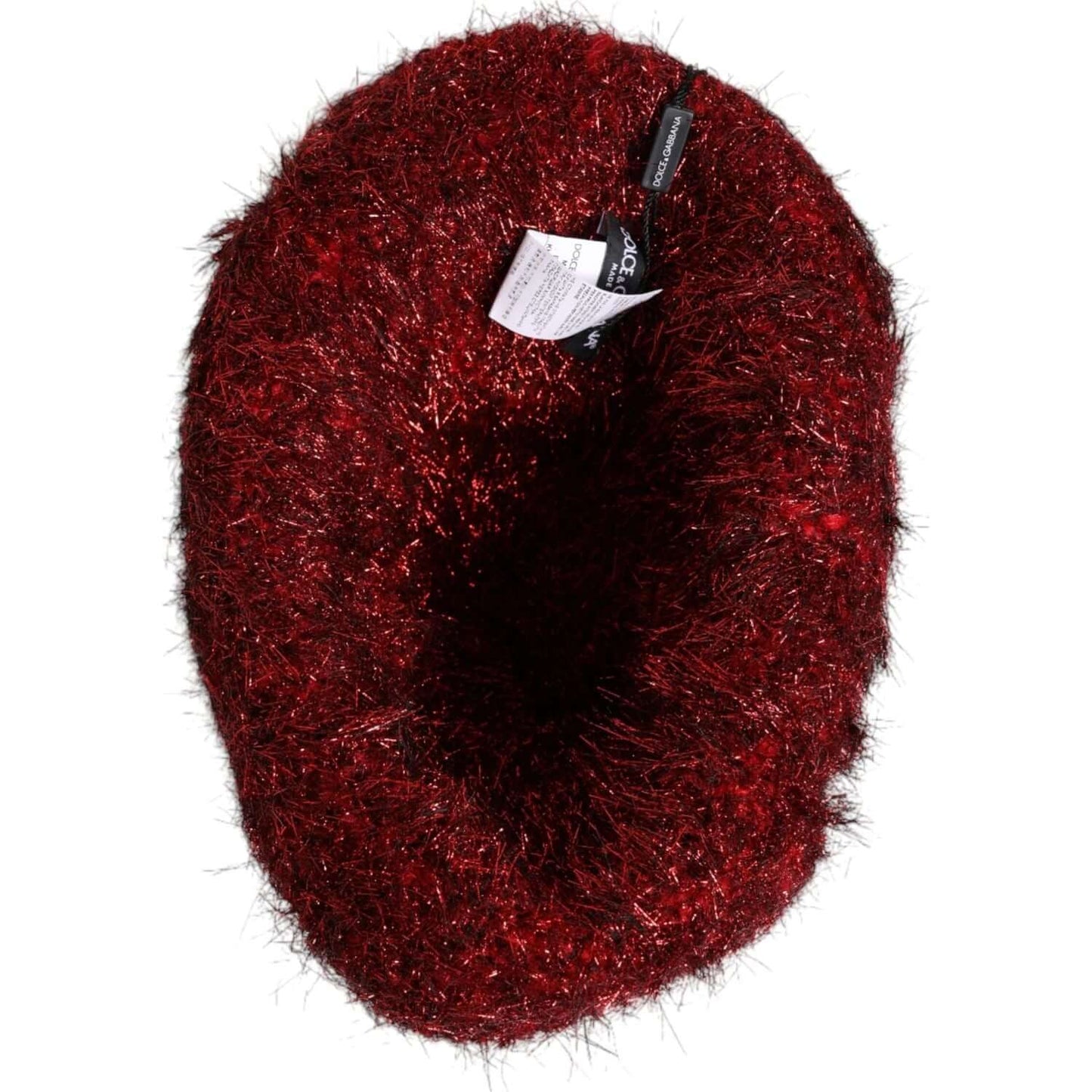 Dolce & Gabbana red viscose tinsel wide brim bucket hat with tags, featuring logo details and made in Italy.
