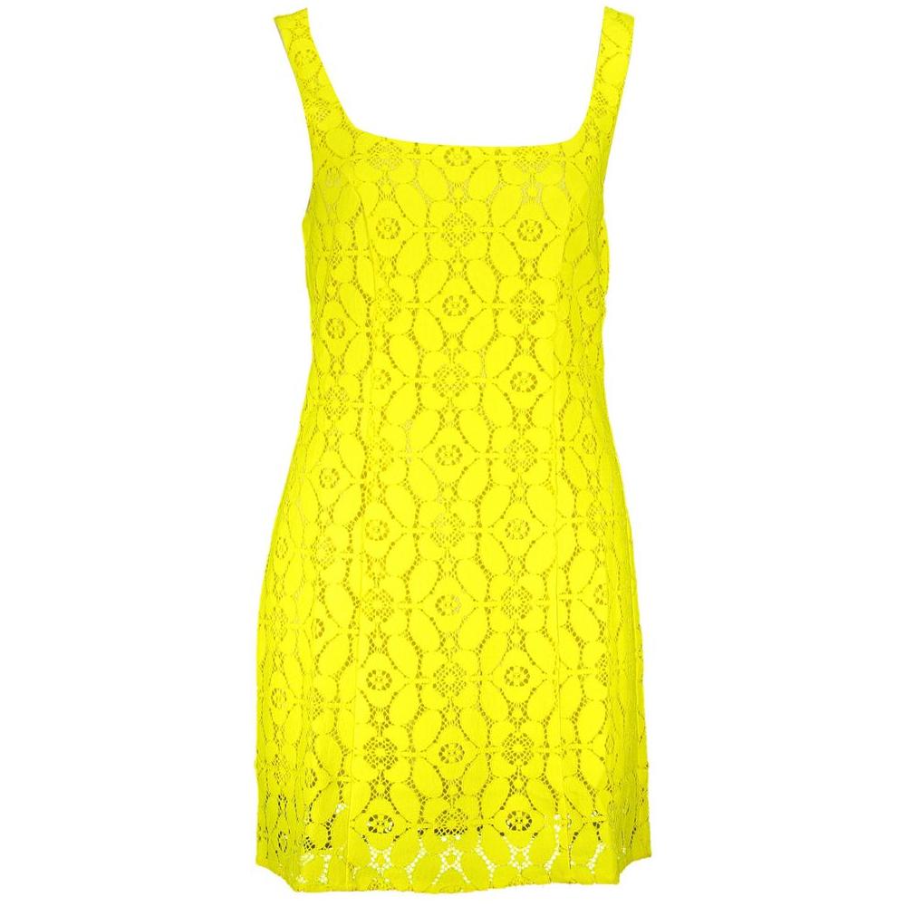 Desigual yellow polyester women’s sleeveless dress with square neckline and intricate patterns, perfect for elegant events.