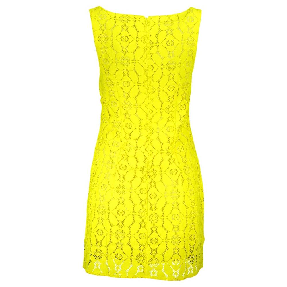 Desigual yellow polyester sleeveless dress with square neckline, ideal for summer events, showcasing elegance and style.