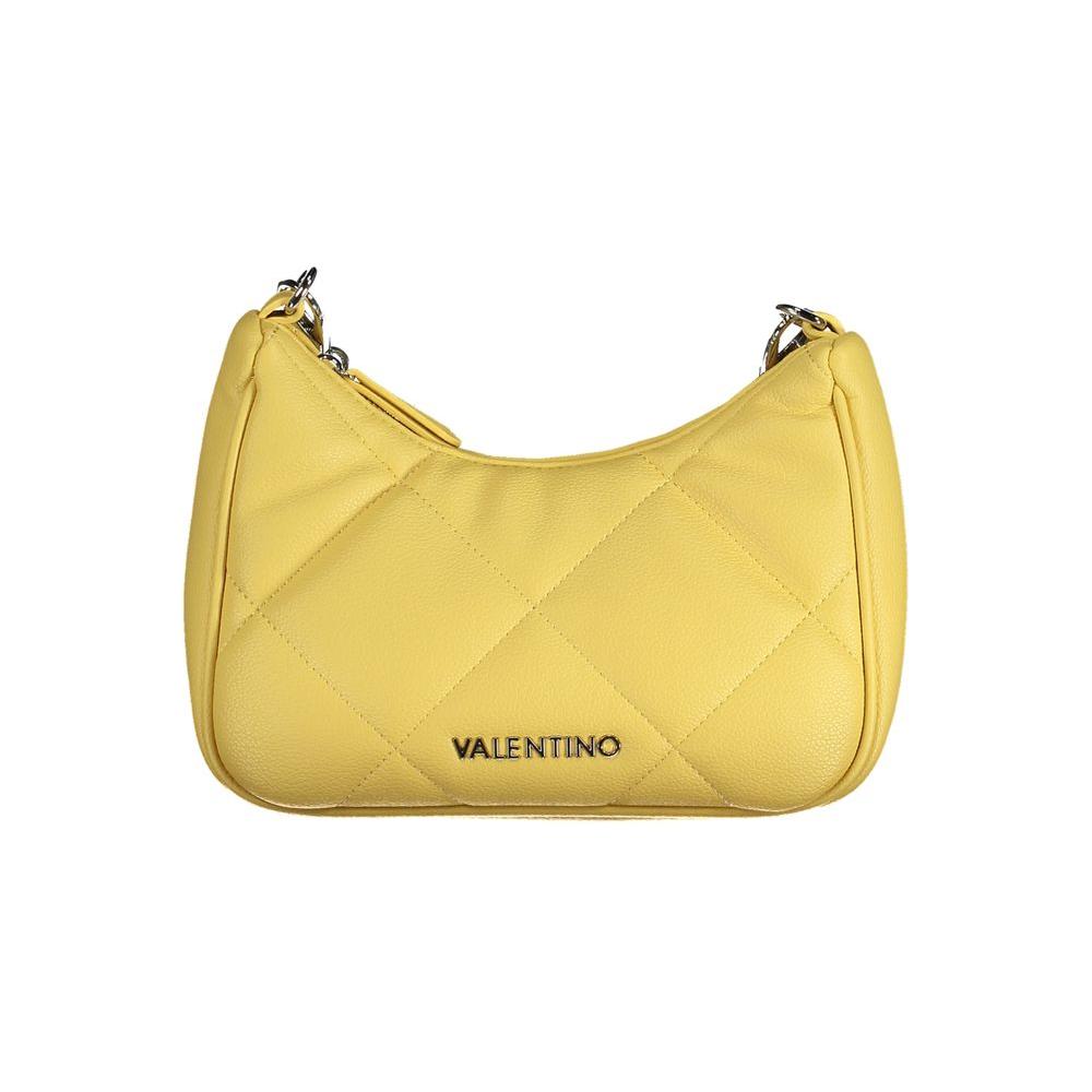 Valentino yellow polyethylene handbag with removable chain handle, adjustable shoulder strap, internal pockets, and logo detail.