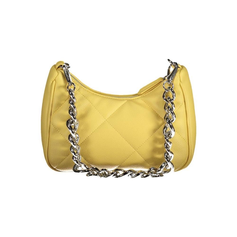 Valentino Bags yellow polyethylene handbag with chain handle, adjustable removable strap, internal pockets, and recycled material.