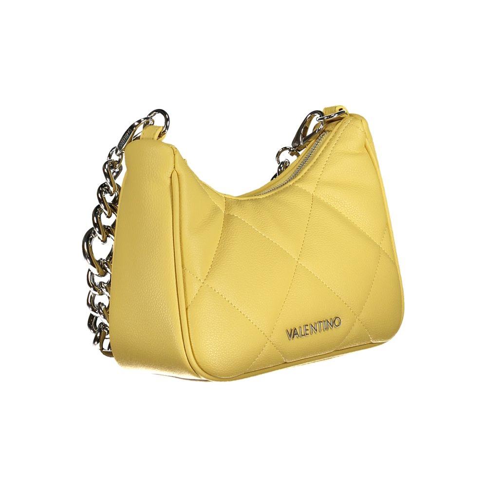 Valentino yellow polyethylene handbag with removable chain handle, adjustable strap, internal pocket, and recycled materials.