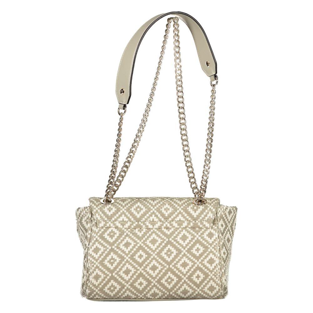 Guess Jeans gray polyethylene handbag with chain shoulder strap, patterned design, and protective feet for women.