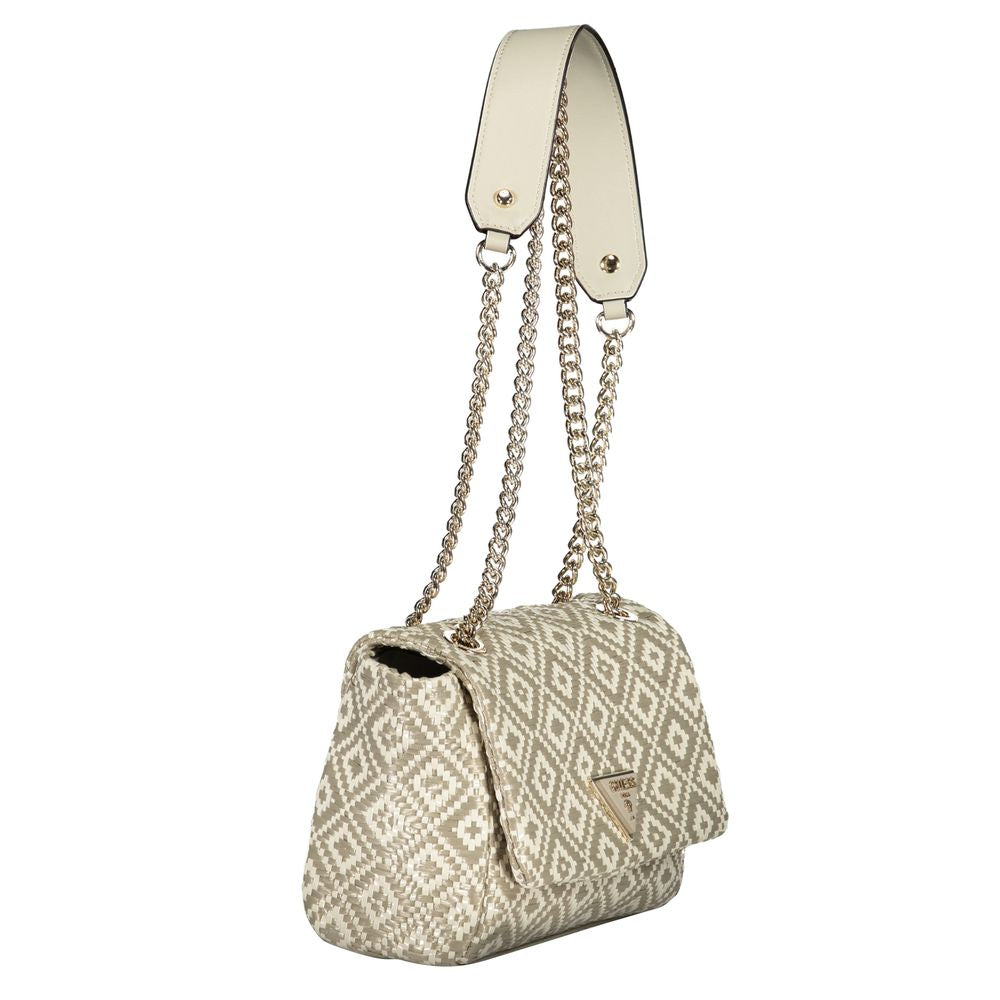 Gray polyethylene handbag with chain shoulder strap, featuring internal card spaces and protective feet, by Guess Jeans.
