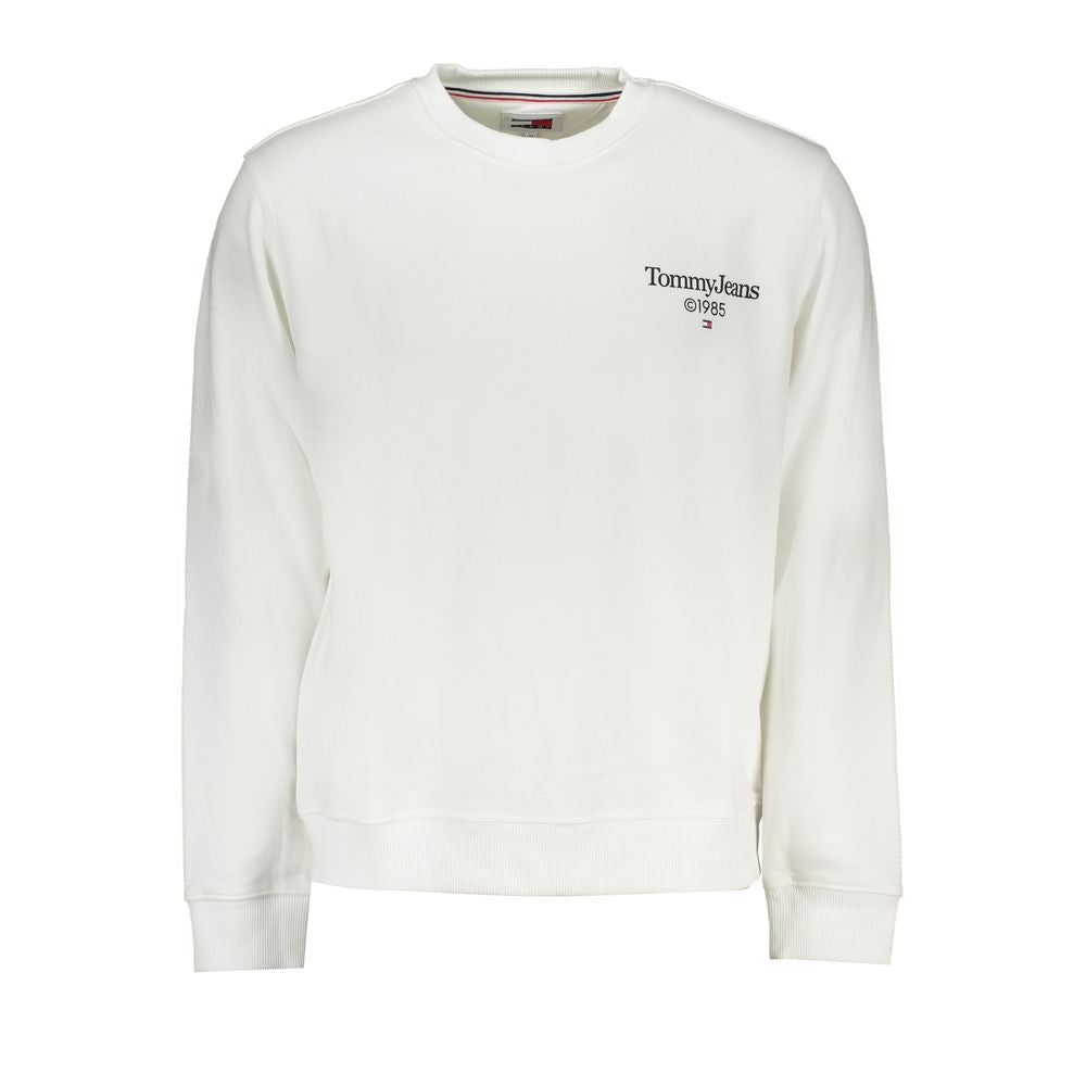 Tommy Hilfiger white cotton sweatshirt with long sleeves, brushed texture, crew neck, and logo print, made from regenerative cotton.