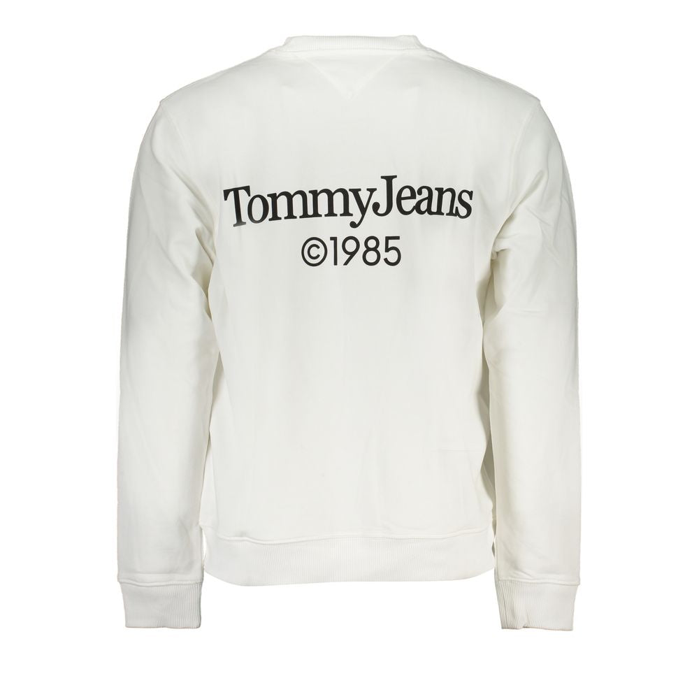 Tommy Hilfiger white cotton sweater with crew neck and logo print, featuring long sleeves and brushed fabric design made from regenerative cotton.