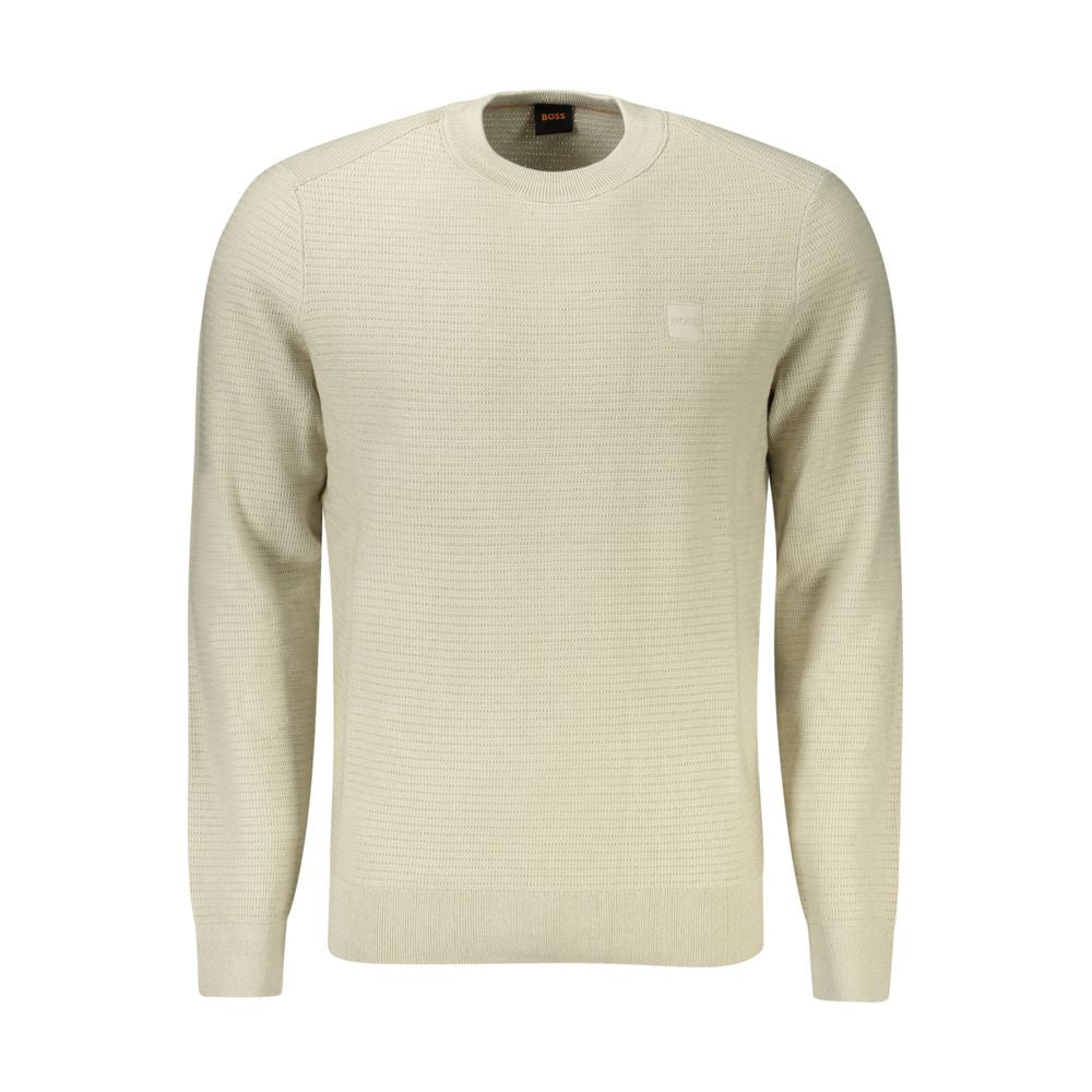 Hugo Boss beige cotton men's sweater with crew neck and logo; luxurious blend of cotton and cashmere for sophisticated style and comfort.