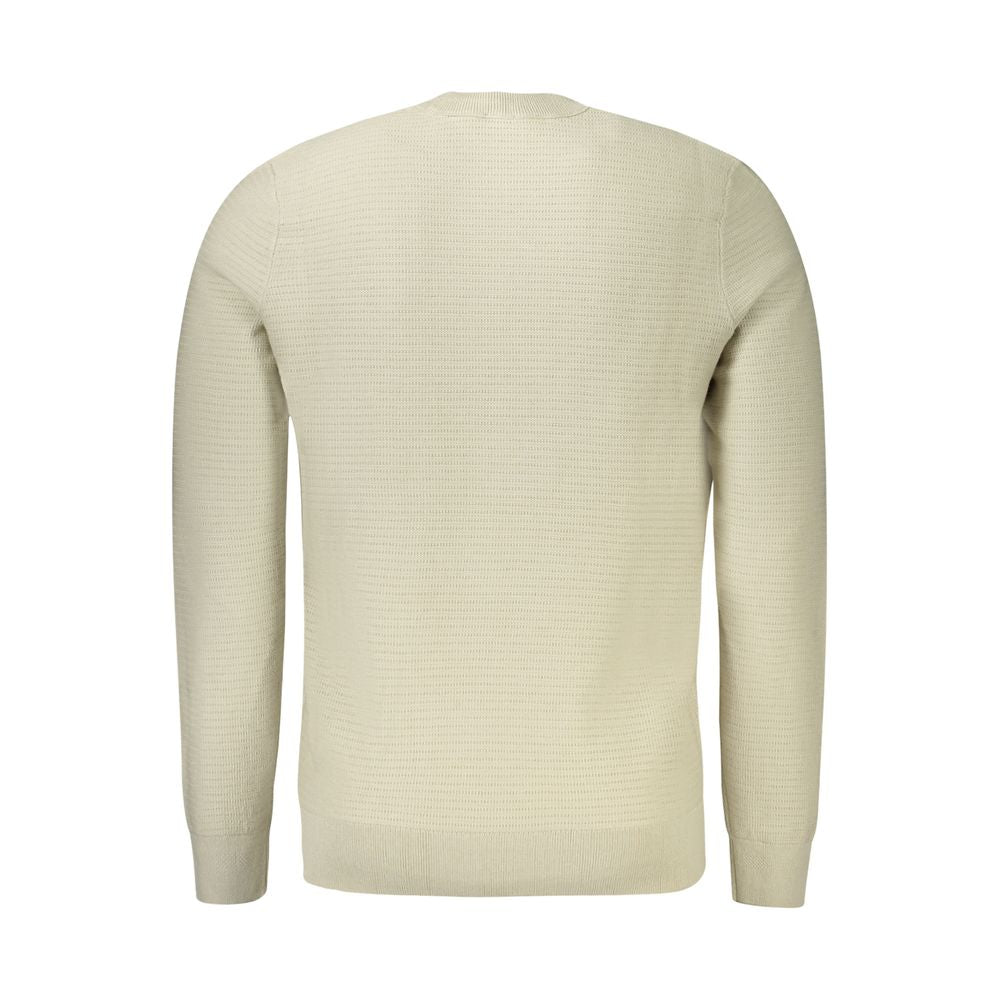 Hugo Boss Beige Cotton Men's Sweater with Long Sleeves and Crew Neck, Featuring Subtle Contrasting Details and High-Quality Finish.