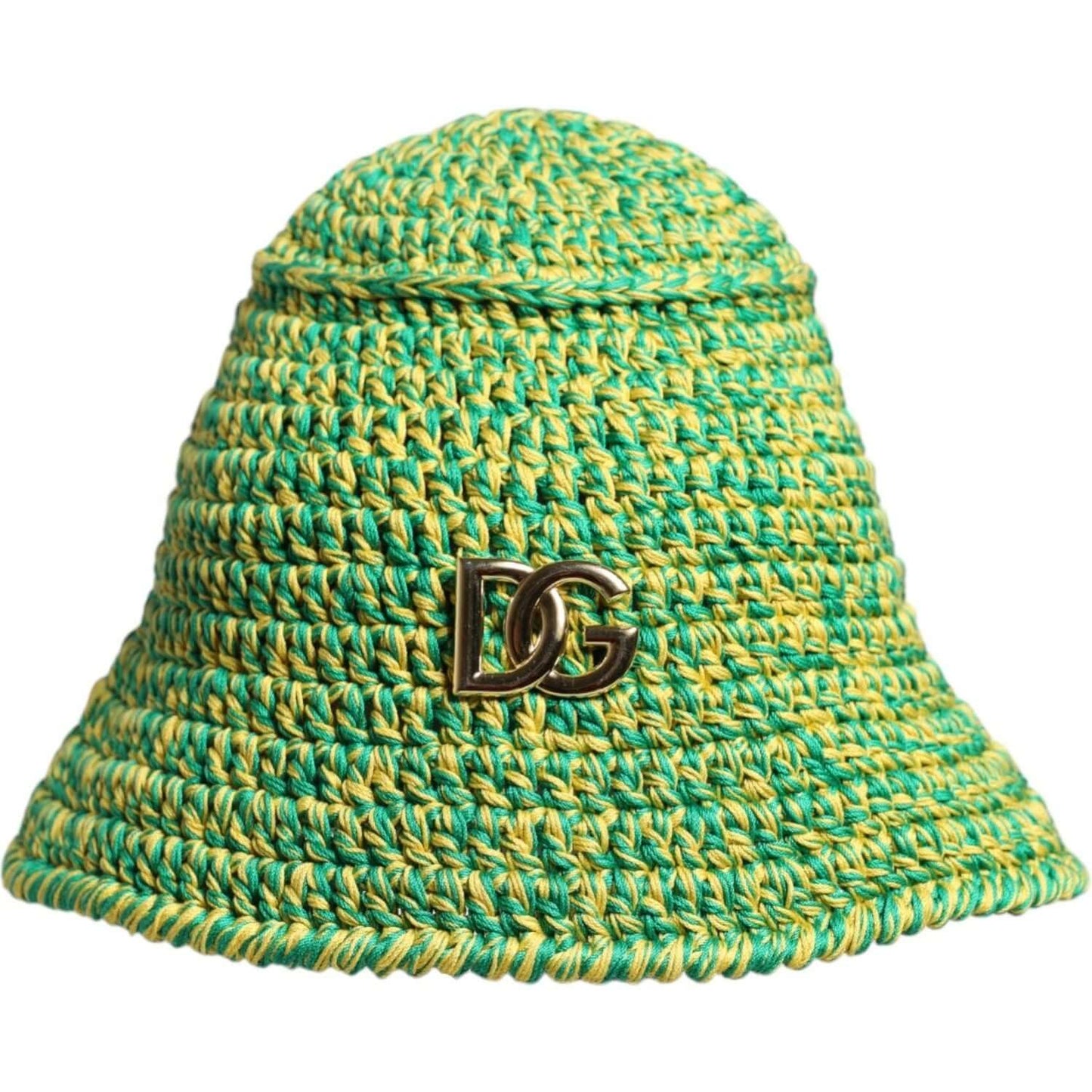 Dolce & Gabbana green crochet bucket hat with DG logo, 100% cotton, made in Italy.
