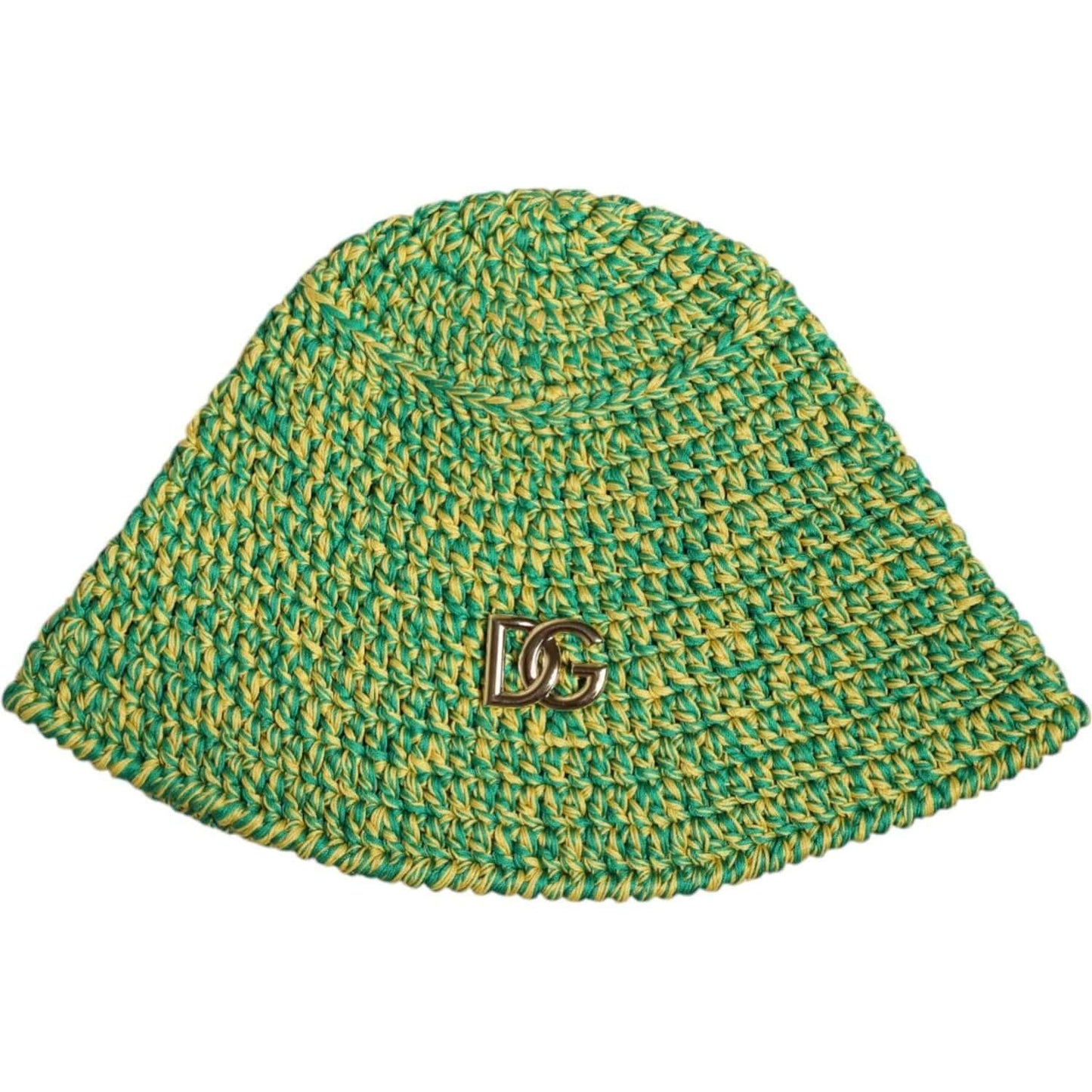 Dolce & Gabbana green cotton crochet bucket hat with DG logo, elegant women's fashion accessory made in Italy.