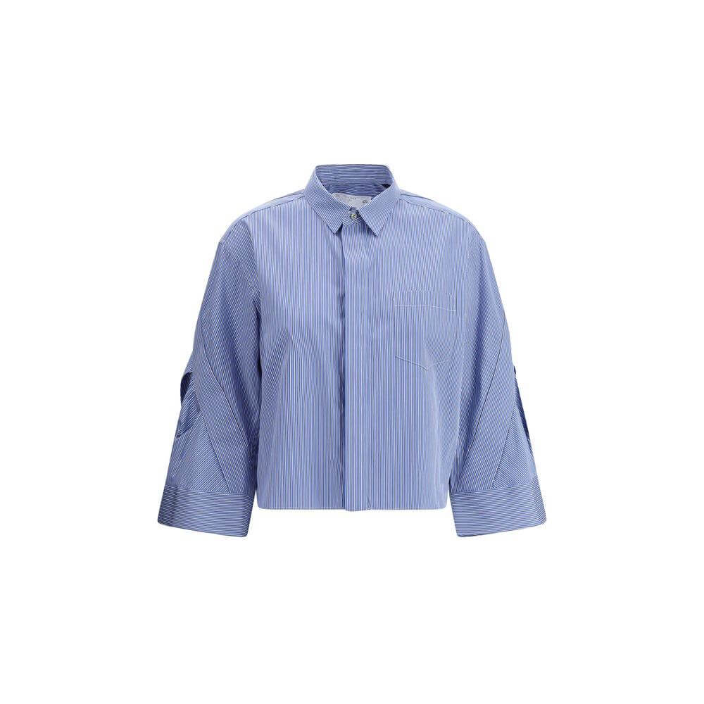 Sacai three-quarter sleeve cotton shirt with classic collar and wide cuffs, featuring a casual loose fit and applied welt breast pocket.
