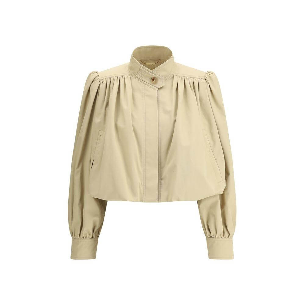 Chloé cropped cotton jacket with oversized fit, mandarin collar, ruffle details, and hidden flap buttons for a bold modern look.