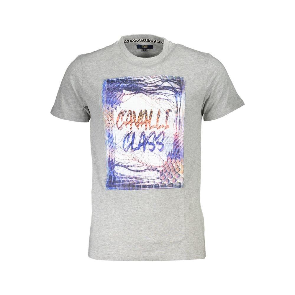 Cavalli Class gray cotton t-shirt with print, short sleeves, and round neck featuring logo design.