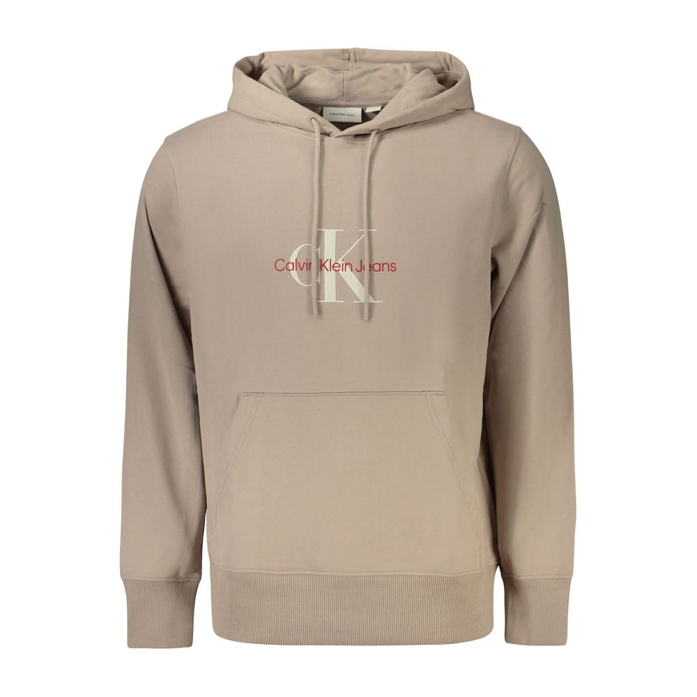 Calvin Klein beige cotton men’s hooded sweatshirt with central pocket, featuring urban chic design in 100% regenerative cotton.