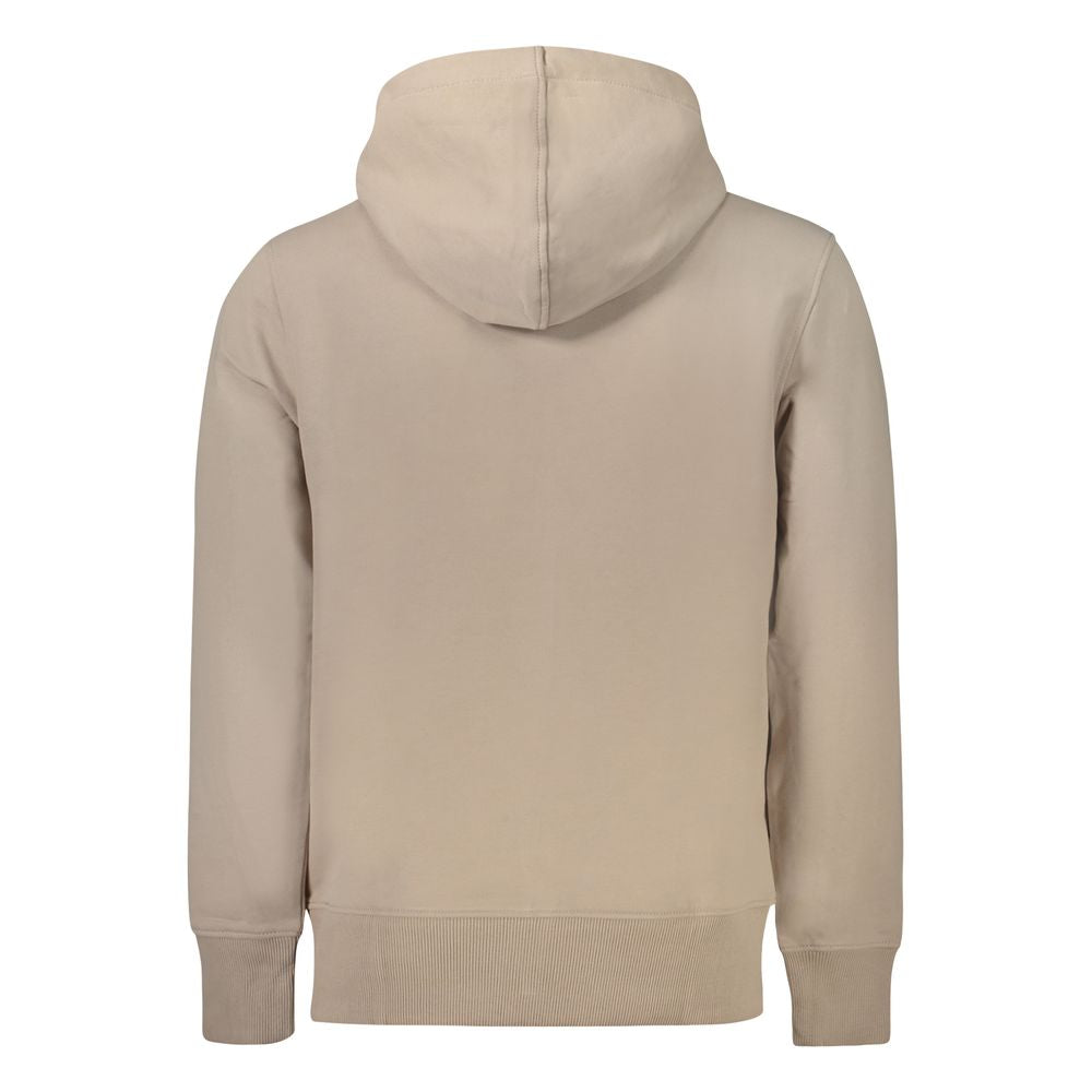 Back view of Calvin Klein beige cotton men's sweater with hood and long sleeves, showcasing eco-friendly, fashionable design.