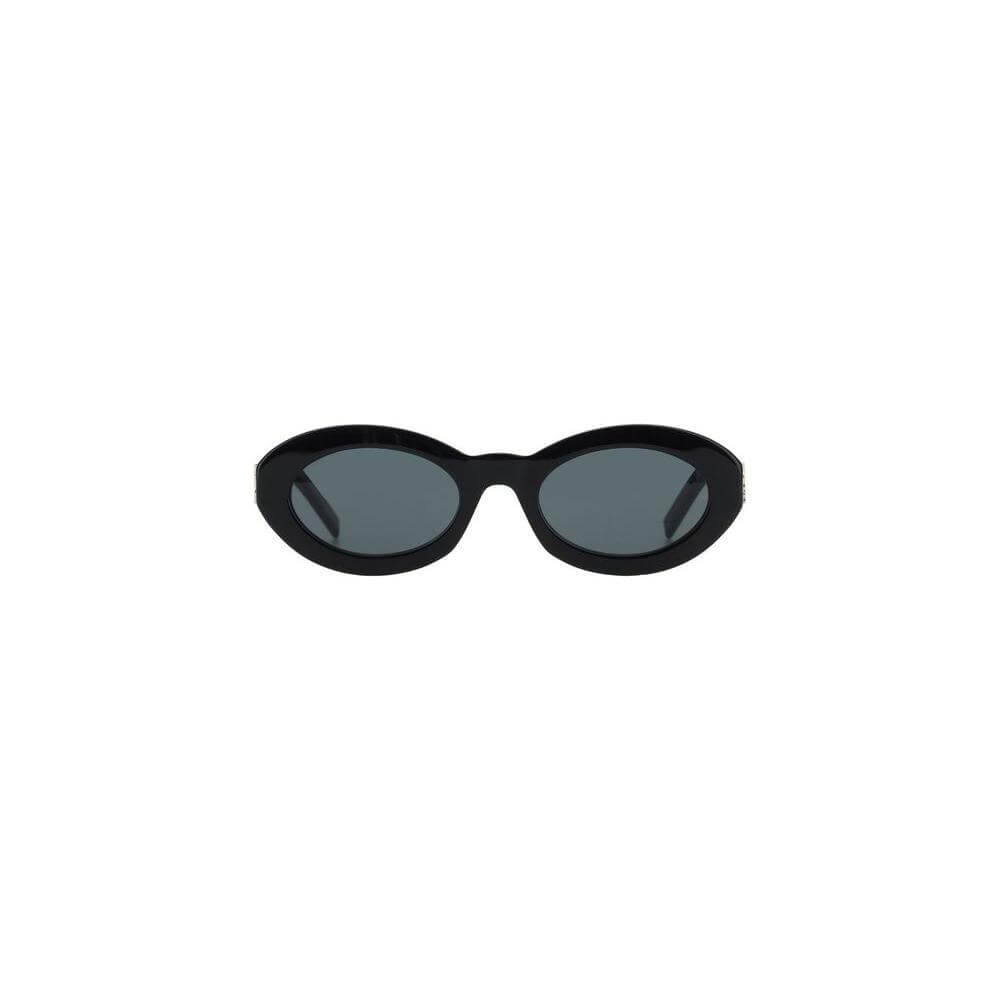 Saint Laurent SL M136 Sunglasses with monochrome oval lenses and brand logo plaque on crease.