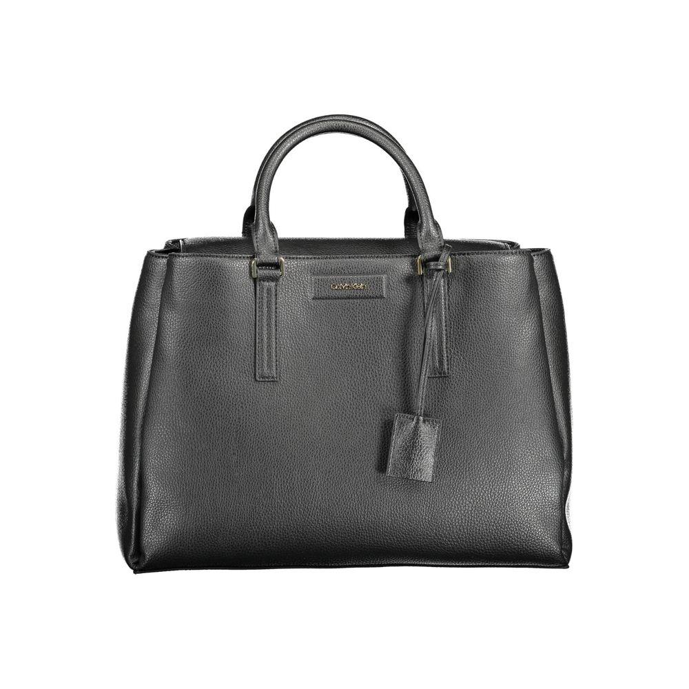 Calvin Klein black polyester women's handbag with dual handles and removable strap, featuring multiple compartments and elegant design.