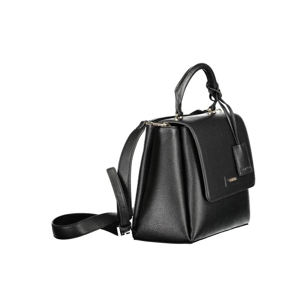 Calvin Klein black polyester women's handbag with adjustable strap, exterior pocket, and dual compartments for stylish organization.