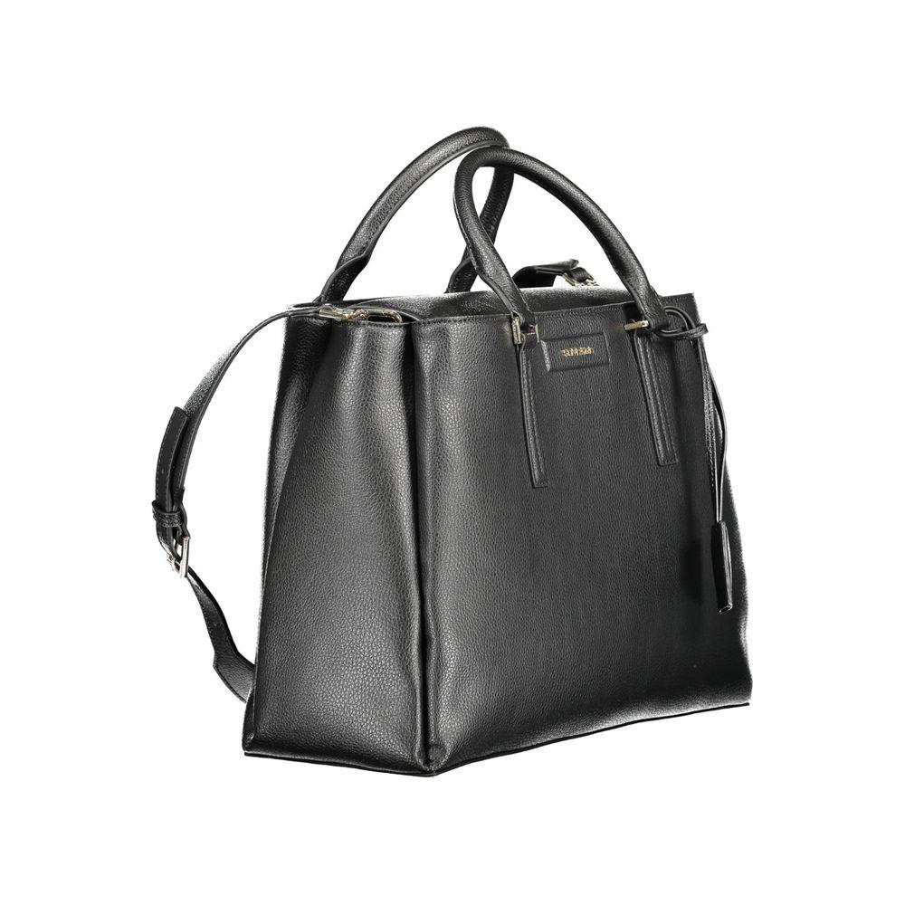 Calvin Klein black polyester women's handbag with dual handles and adjustable shoulder strap, featuring multiple compartments for organization.