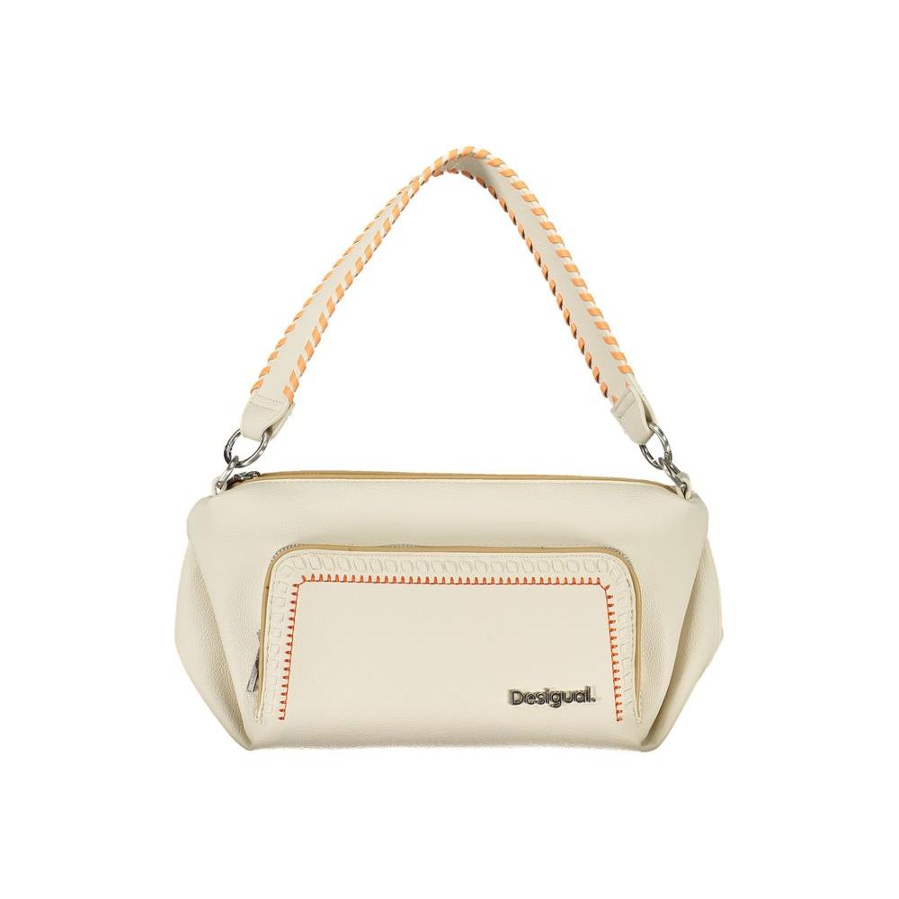 Desigual white polyethylene handbag with removable shoulder handle and strap, contrasting details, and multiple pockets.