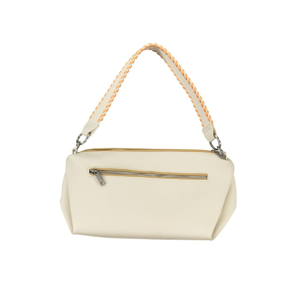 Desigual white polyethylene handbag with removable shoulder strap, external zip pocket, contrasting details, and logo.