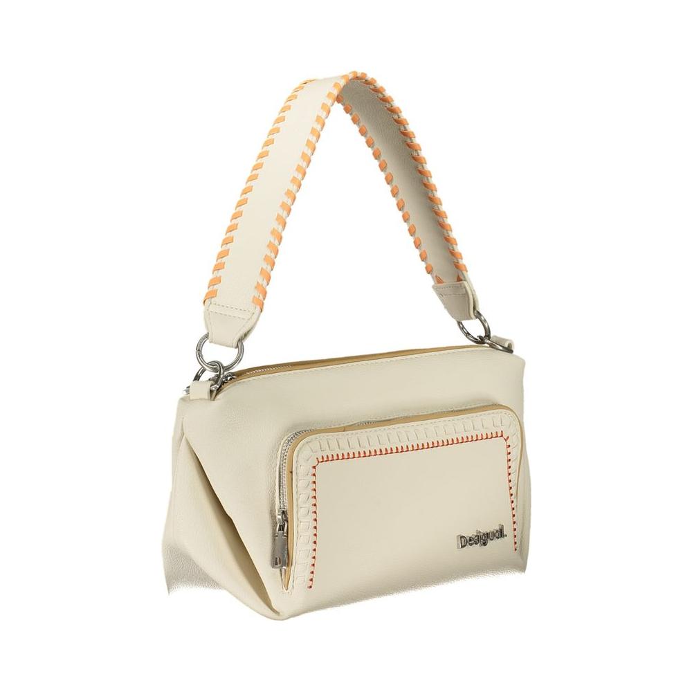 Desigual white polyethylene handbag with removable shoulder strap, zip closure, external and internal pockets, contrasting details.